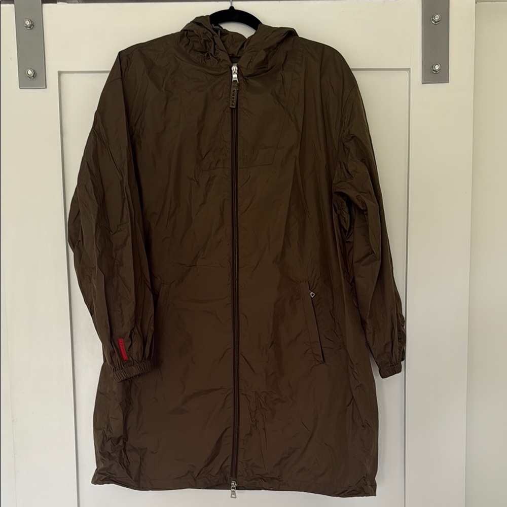 Prada Dark Green Brownish Hooded Raincoat.